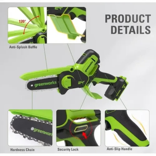 מפרט טכני של מסור שרשרת מיני נטען 24V מבית Greenworks – כולל תצוגה של רכיבים עיקריים: מגן התזות בזווית 120°, שרשרת קשיחה (Hardness Chain), נעילת ביטחון (Security Lock), ידית אחיזה נגד החלקה (Anti-Slip Handle) ותכנון ארגונומי להפעלה נוחה ובטוחה.