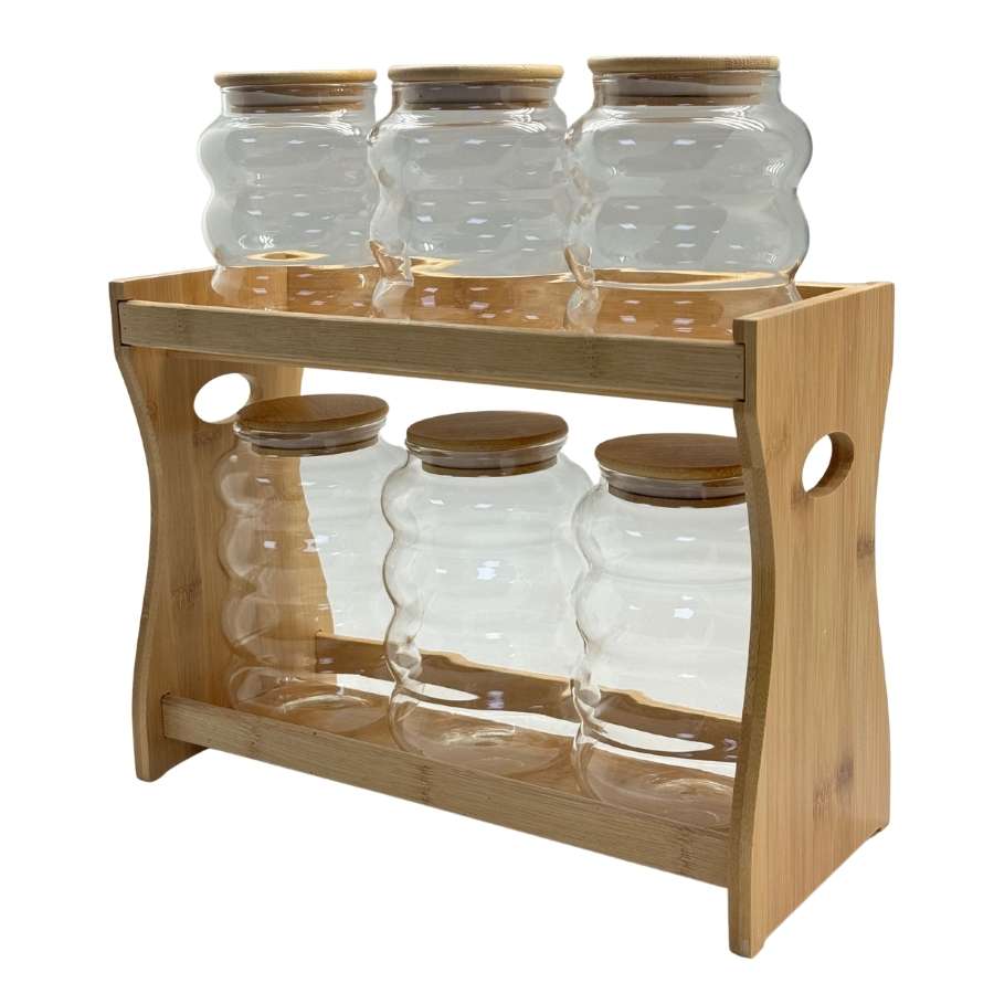 סט מזון 6 צנצנות עם מעמד עץ 2 קומות YZ25-67