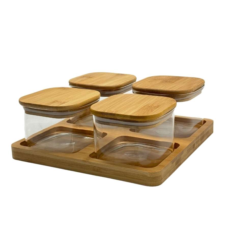 סט 4 צנצנות זכוכית 0.5 ליטר עם מכסה ומגש במבו YZ25-79