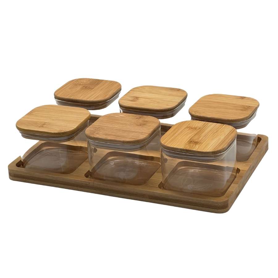 סט 6 צנצנות זכוכית 0.5 ליטר עם מכסה ומגש במבו YZ25-80