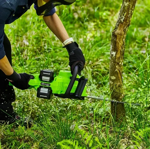 אדם כורת עץ קטן בעזרת מסור שרשרת Greenworks נטען 48V עם שתי סוללות, בסביבה מיוערת