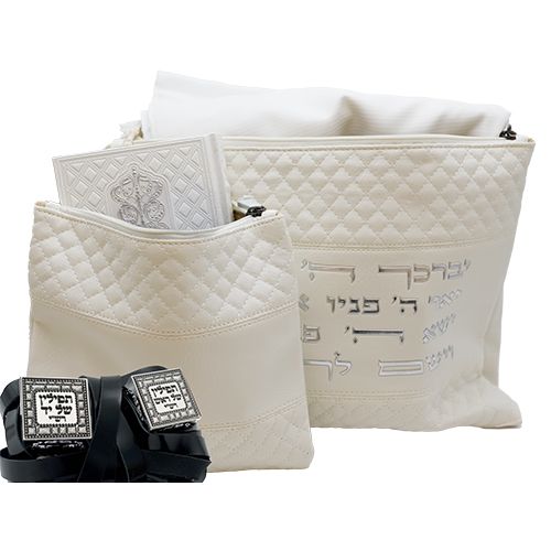 סט טלית תפילין דמוי עור לבן אותיות כסף
