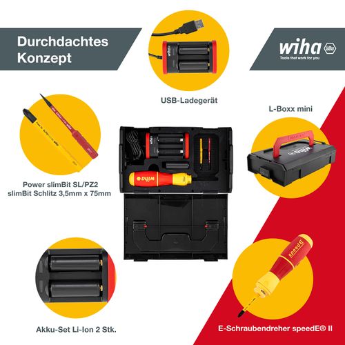 WIHA 44318 - מברג חשמלי מקצועי ראש מתחלף speedE® II כולל 2 ביטים מטען סוללה וארגז L-Boxx Mini מק”ט: 1128458