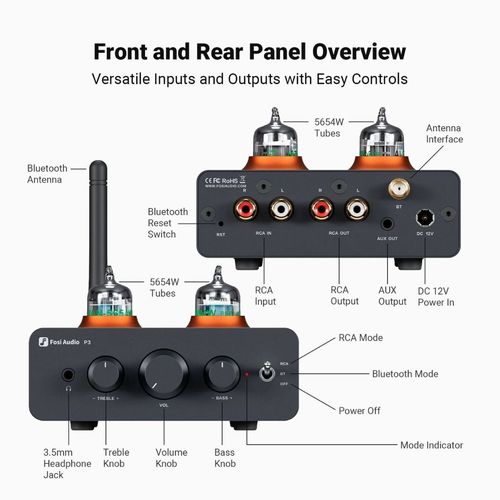 קדם מגבר מנורות Fosi Audio P3 עם בקרת צליל בס וטרבל Bluetooth aptX LL HD