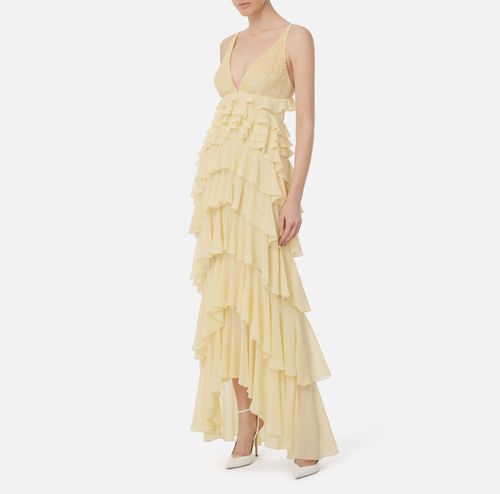 Red Carpet dress in georgette fabric with flounces
