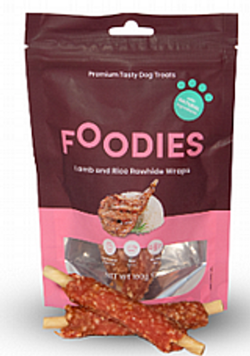חטיף פודיס גלילת כבש אורז ועור בקר 100 גרם - Foodies Lamb and Rice Rawhide Wraps