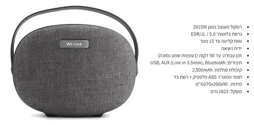 רמקול BT נייד 2X15W מעוצב אפור  WESDAR K28 GRAY