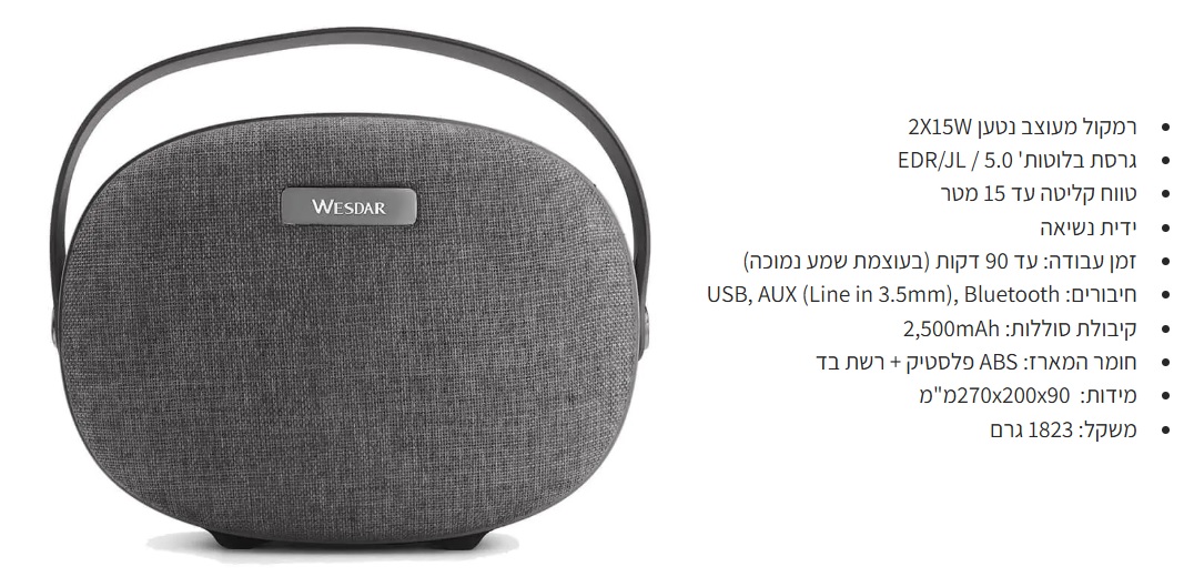 רמקול BT נייד 2X15W מעוצב אפור WESDAR K28 GRAY