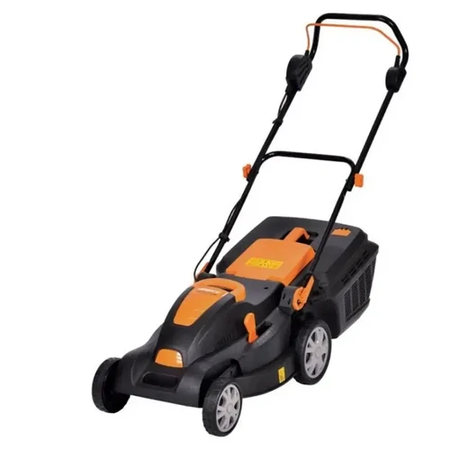 מכסחת דשא חשמלית 1600W מבית Villager בעיצוב כתום-שחור, עם ידית אחיזה מתקפלת וסל איסוף אחורי.