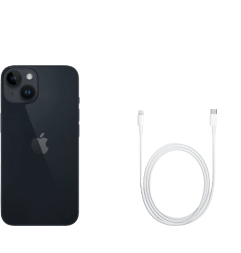אייפון Apple iPhone 14 128GB, צבע Midnight שחור, ללא מטען וללא אוזניות, שנה אחריות יבואן רשמי
