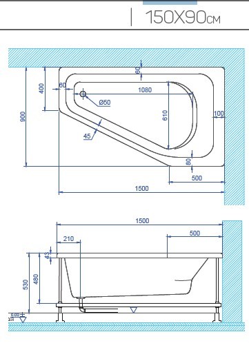 שירטוט אמבטיה אקרילית 150/90 MTI-53 פינתית לבן מבריק