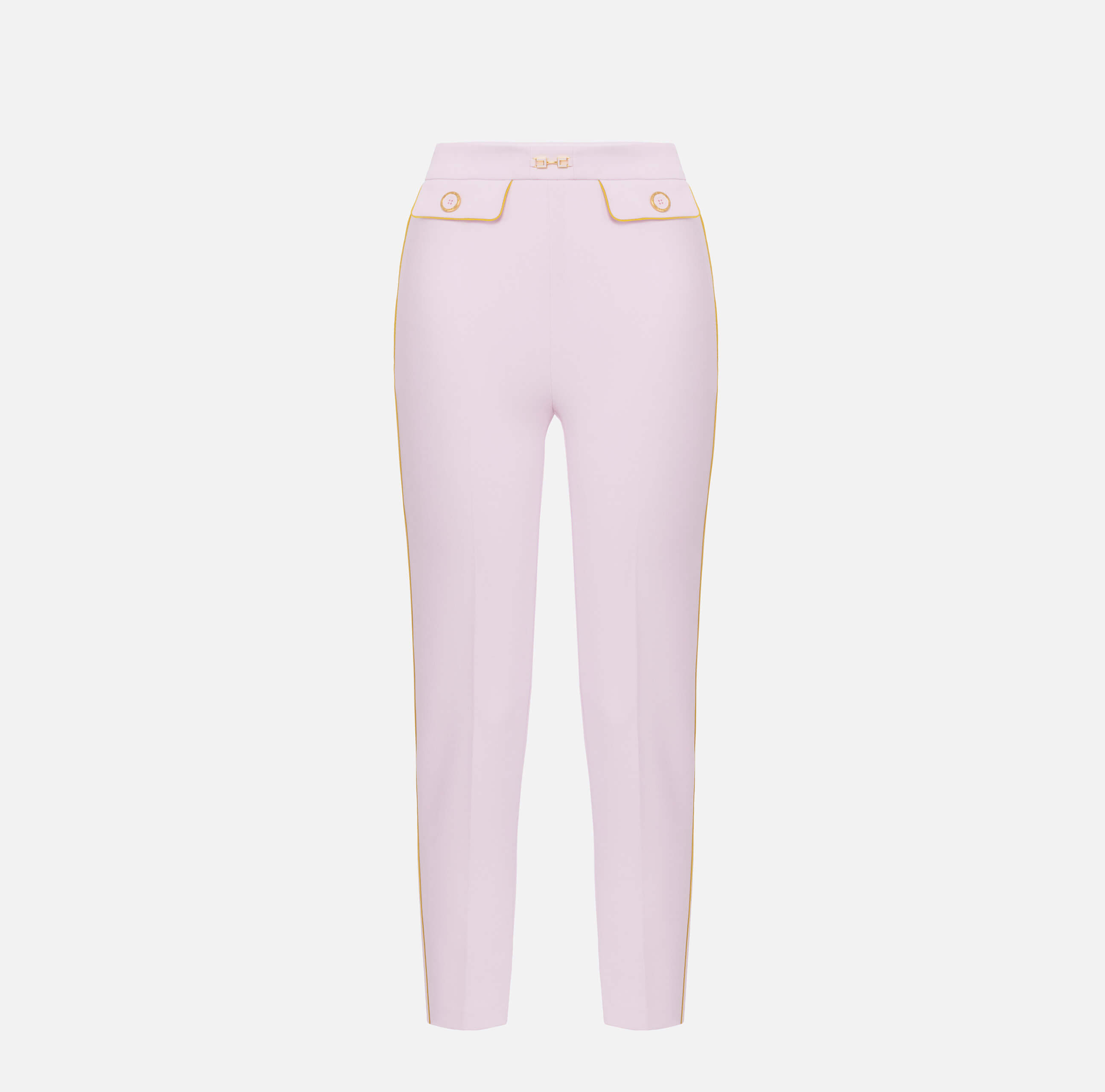 Trousers in crêpe fabric with piping and jewelled horsebit