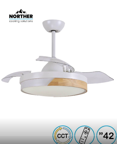 מאוורר תקרה 42 אינץ' Norther Tulip - גימור גוף לבן / עץ, 3 כנפיים מתקפלות בצבע שקוף - כולל שלט