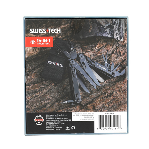 מולטיטול Swiss Tech דגם T-REX בגימור שחור מלא עם 16 פונקציות כולל פלייר שפיץ, סכינים, מספריים ומברגים