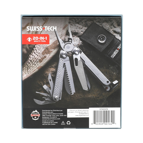  מולטיטול Swiss Tech דגם XTRM עם 20 פונקציות כולל עיצוב נפרד, פלייר שפיץ, כלי חירום, משרוקית ואבן אש