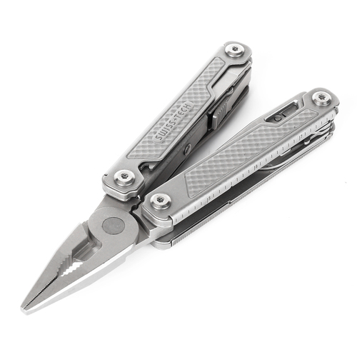  מולטיטול Swiss Tech דגם STORM עם 17 פונקציות כולל פלייר שפיץ, מגוון כלי חיתוך, מברגים וקליפס לחגורה