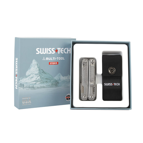  מולטיטול Swiss Tech דגם STORM עם 17 פונקציות כולל פלייר שפיץ, מגוון כלי חיתוך, מברגים וקליפס לחגורה