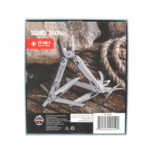  מולטיטול Swiss Tech דגם STORM עם 17 פונקציות כולל פלייר שפיץ, מגוון כלי חיתוך, מברגים וקליפס לחגורה