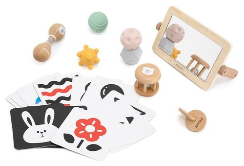 מארז 6 צעצועי פיתוח חושים מעץ וסיליקון מסדרת לגדול איתי לגיל 0-6 חודשים