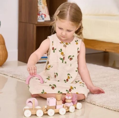 רכבת פאזל השחלה מעץ מלא 14 חלקים - השועל הורוד