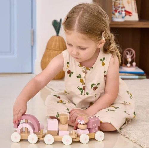 רכבת פאזל השחלה מעץ מלא 14 חלקים - השועל הורוד