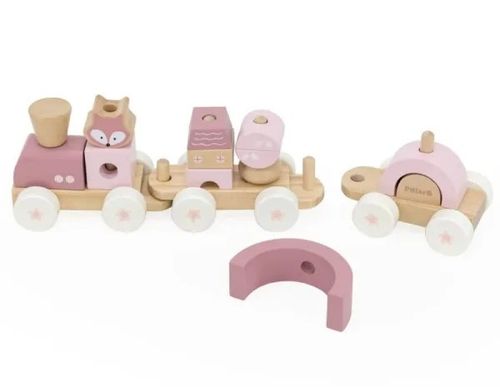 רכבת פאזל השחלה מעץ מלא 14 חלקים - השועל הורוד