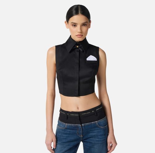 Cotton satin cropped shirt with bow tie