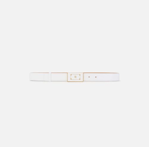 Leather belt with logo plaque