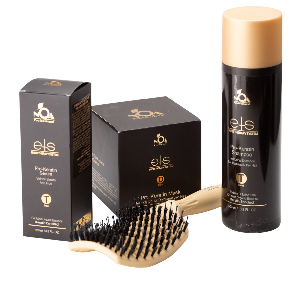 ערכה לשיער ETS PRO KERATIN לשיקום שיער יבש ופגום שמפו, מסכה, סרום + מברשת מתנה