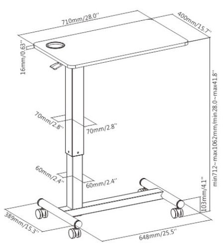 שולחן צד מתכוונן גלגלים נסתרים Lumi FMT02-3