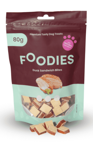 FOODIES – חטיף טבעי נגיסי סנדוויץ' בטעם ברווז לכלבים בוגרים