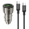 סט מטען מהיר לרכב הכולל ראש טעינה USB-C+USB-A וכבל טעינה USB-C ל-USB-C, עיצוב שקוף