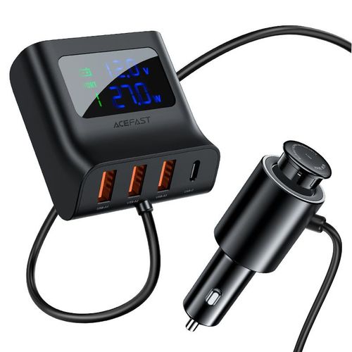 מטען מהיר לרכב מפוצל, 3 יציאות USB-A ויציאת USB-C, חיבור למצת הרכב, צג חיווי דיגיטלי