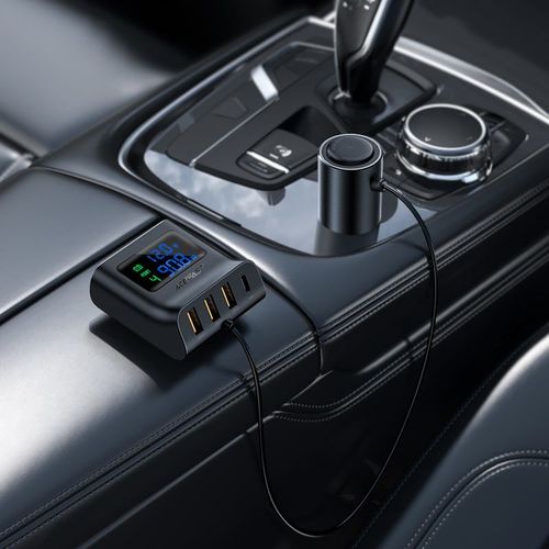 מטען מהיר לרכב מפוצל, 3 יציאות USB-A ויציאת USB-C, חיבור למצת הרכב, צג חיווי דיגיטלי