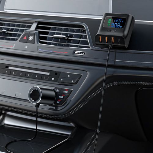 מטען מהיר לרכב מפוצל, 3 יציאות USB-A ויציאת USB-C, חיבור למצת הרכב, צג חיווי דיגיטלי