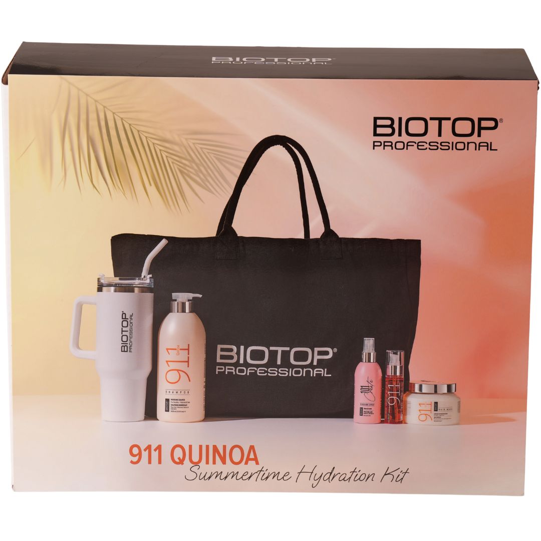 מארז יוקרתי בתיק נשיאה מבית BIOTOP 911 שמפו+ מסכה+ סרום+ ספריי גלוס + כוס תרמית קייצית ביוטופ לשיער יבש ופגום
