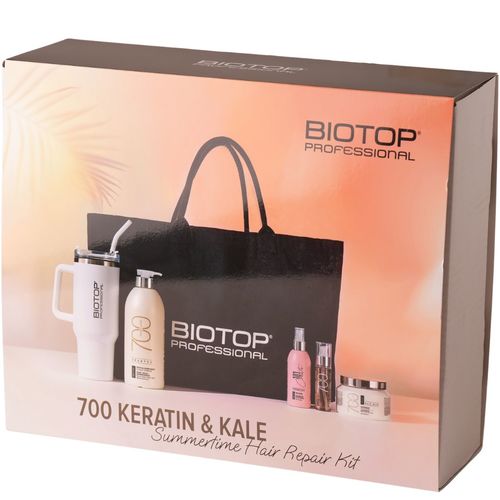 מארז יוקרתי 700 בתיק נשיאה מבית  BIOTOP שמפו+ מסכה+ סרום+ ספריי גלוס + כוס תרמית קייצית ביוטופ לשיער יבש, עבה ופגום