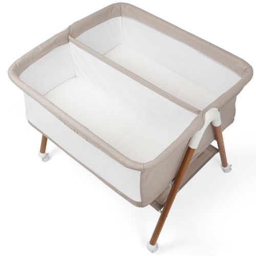 עריסה לתאומים DALLAS עם מזרן, כילה, משטח אחסון ואפשרות חיבור לגלגלים - שמנת Clay