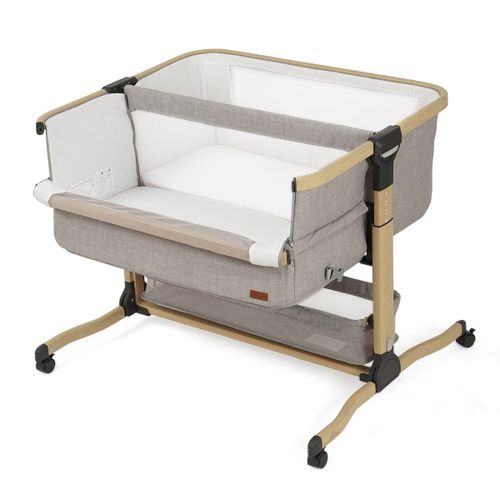 עריסה נצמדת ומתקפלת לתאומים סיאנה Sienna עם מזרן, סל אחסון וגלגלים - אפור / מסגרת דמוי עץ Fossil