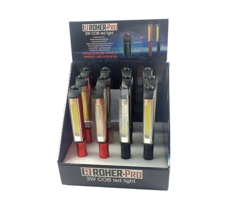 מארז 12 יח' פנסי עט נורת LED COB גוף אלומיניום, אדום/שחור ROHER