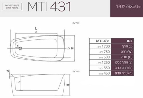 מפרט טכני אמבטיה אקרילית Free Standing 170X78X60 MTI-431 פריסטנדינג מעוגלת לבן מבריק 