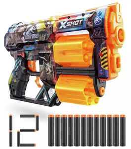 אקדח חיצי ספוג לילדים Skins Dread עם 12 חיצים וקנים מסתובבים כפולים - Jurassic World עולם היורה