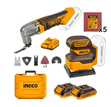 סט מלטשת אקצנטרית+ מולטיטול 20V+ זוג סוללות 2.0AH + מטען + אביזרים
