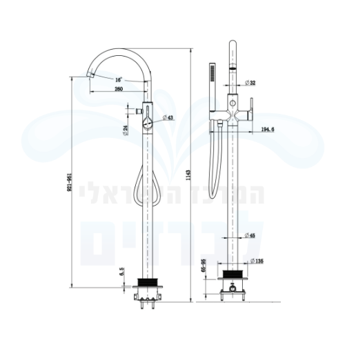 מידות ברז מילוי אמבטיה מהרצפה Free Standing חמת 801922