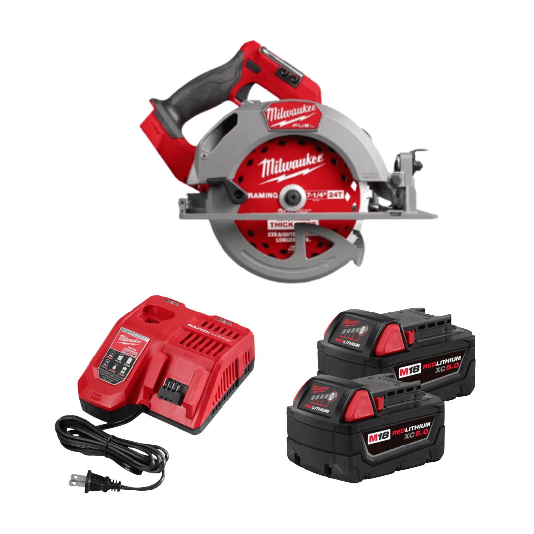 מסור עגול מילווקי 18V "¼7 סופר FUEL בראשלס דור חדש – Milwaukee 2834-22 / M18 FCS66GR3 כולל שתי סוללות 5AH + מטען מהיר