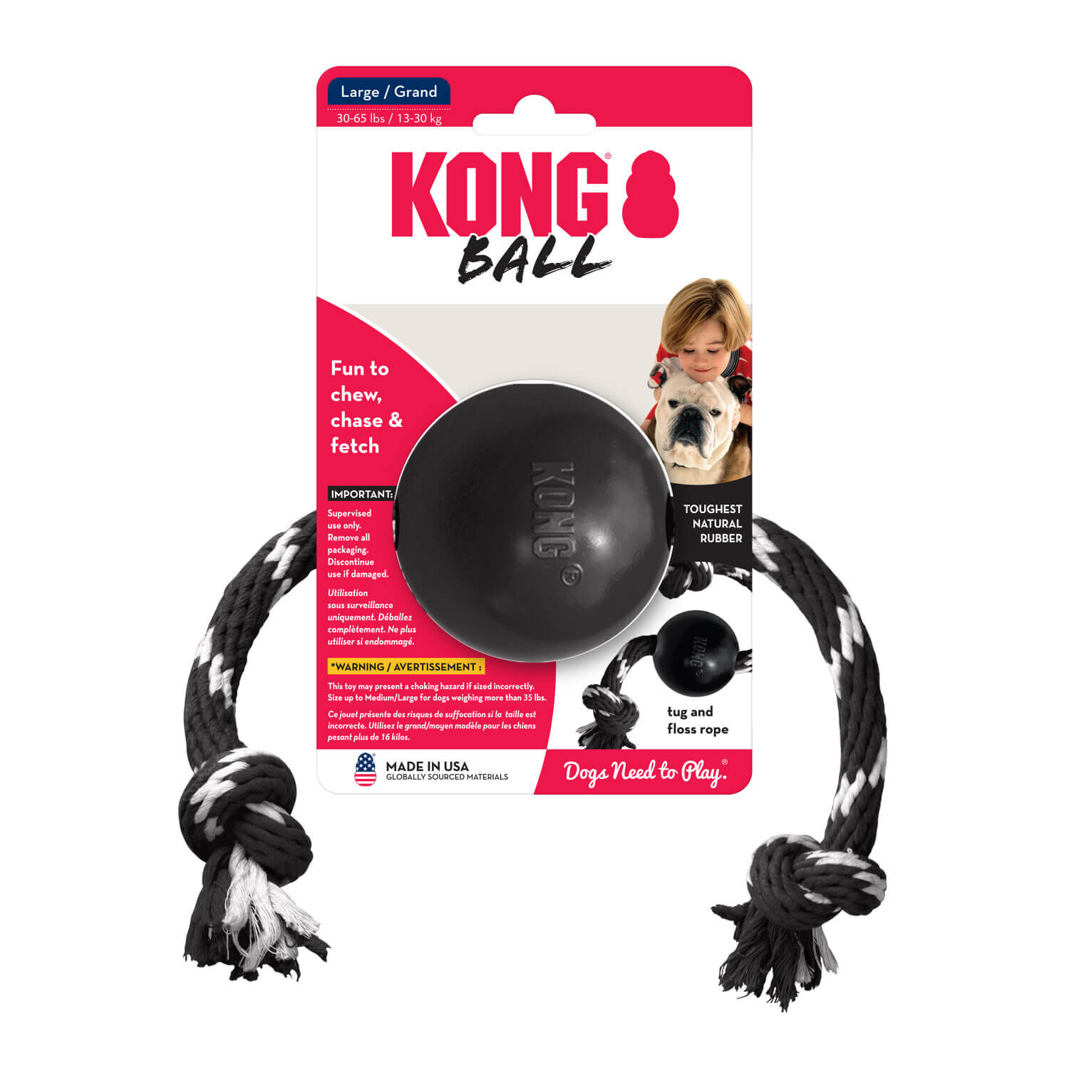 קונג צעצוע לכלב – כדור אקסטרים עם חבל למשיכות | KONG BALL