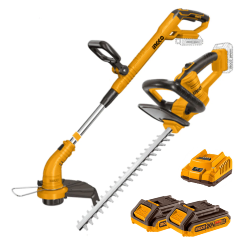סט גינון 2 חלקים גוזם גדר חיה+ חרמש נטען 20V+ זוג סוללות 2.0AH+ מטען INGCO