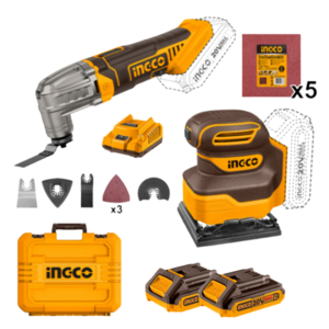 סט מלטשת אקצנטרית+ מולטיטול 20V+ זוג סוללות 2.0AH + מטען + אביזרים INGCO