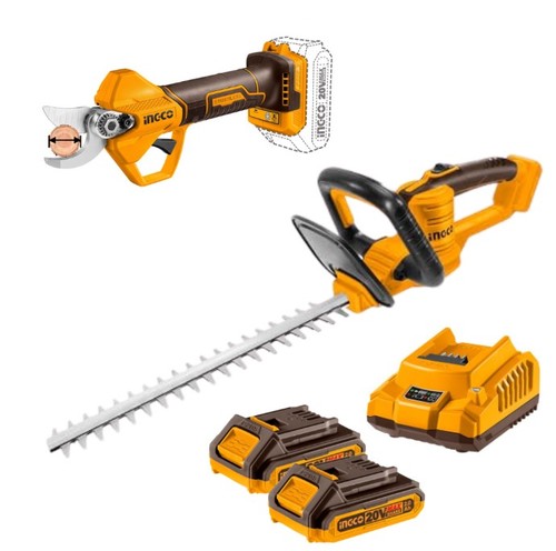סט גינון 2 חלקים גוזם גדר חיה + מזמרה נטען 20V + זוג סוללות 2.0AH INGCO