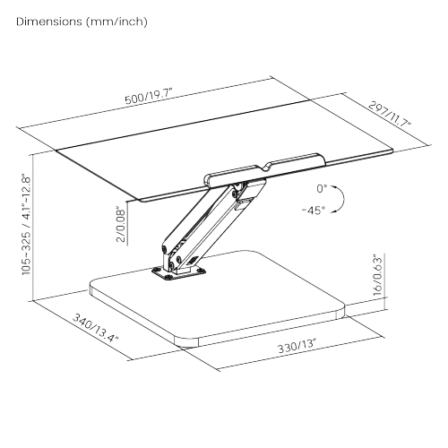 מעמד ארגונומי פנואמטי ללפטופ ועכבר עם הטיה דגם Lumi Brateck DWS36-02 מקט 890902-807-59